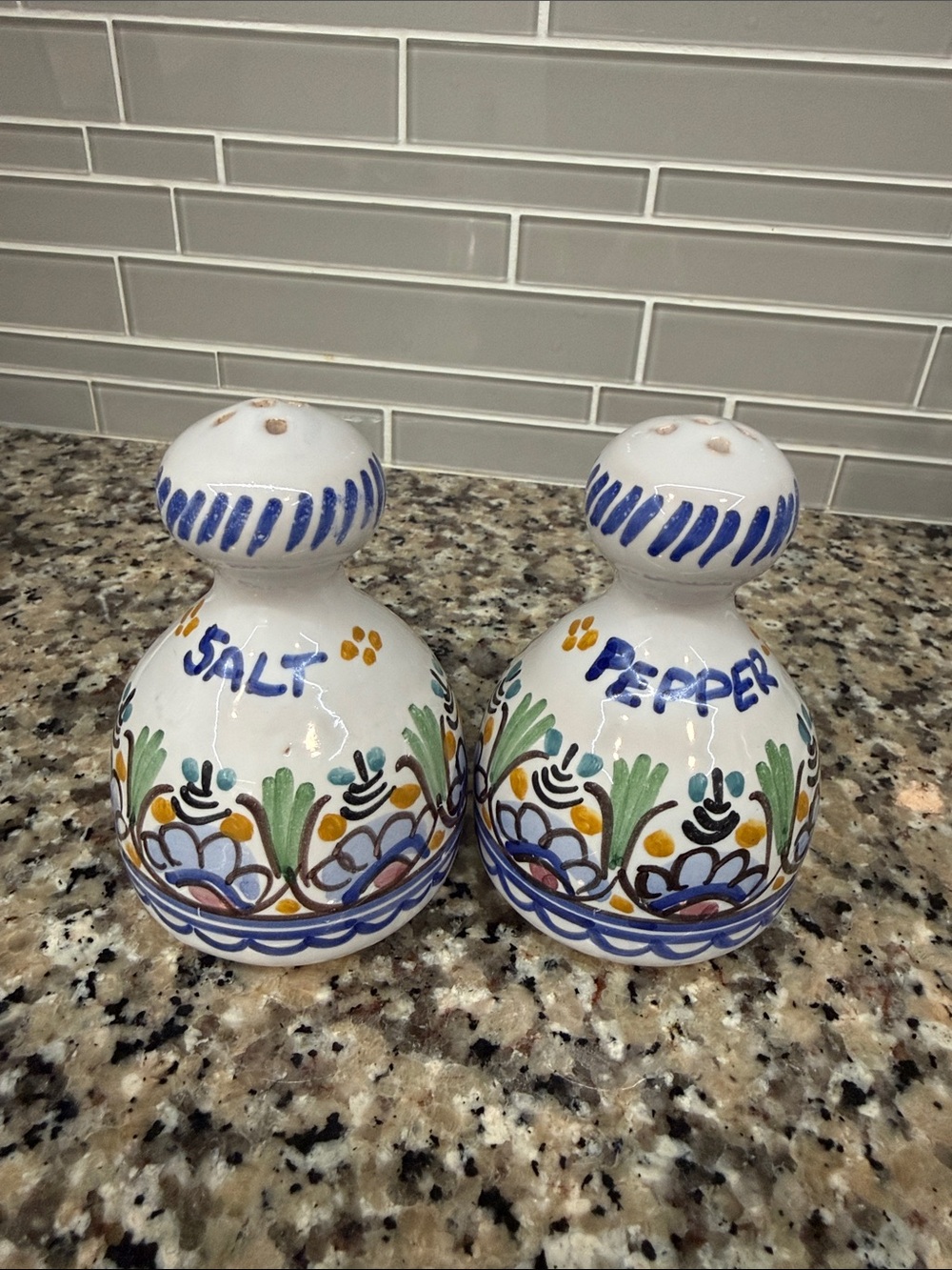 Hand-Painted White Ceramic Salt & Pepper Set with Blue Floral Motif